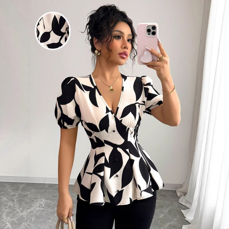 European and American Cross-Border Women's Clothing 2026 Summer V-Neck Puff Sleeve Waist-Cinching Printed Design Commuter Shirt