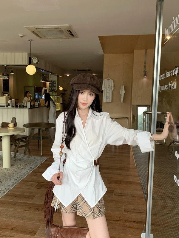 法式气质polo领白色衬衫设计感褶皱收腰长袖衬衣女装秋季别致上衣|undefined