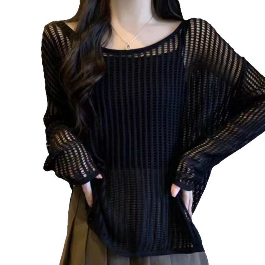 A principios de la primavera, la nueva camisa de punto holgada de viento perezoso, hombro abierto, camisa de verano relajada, camisa de protección solar exterior, camisa de mujer