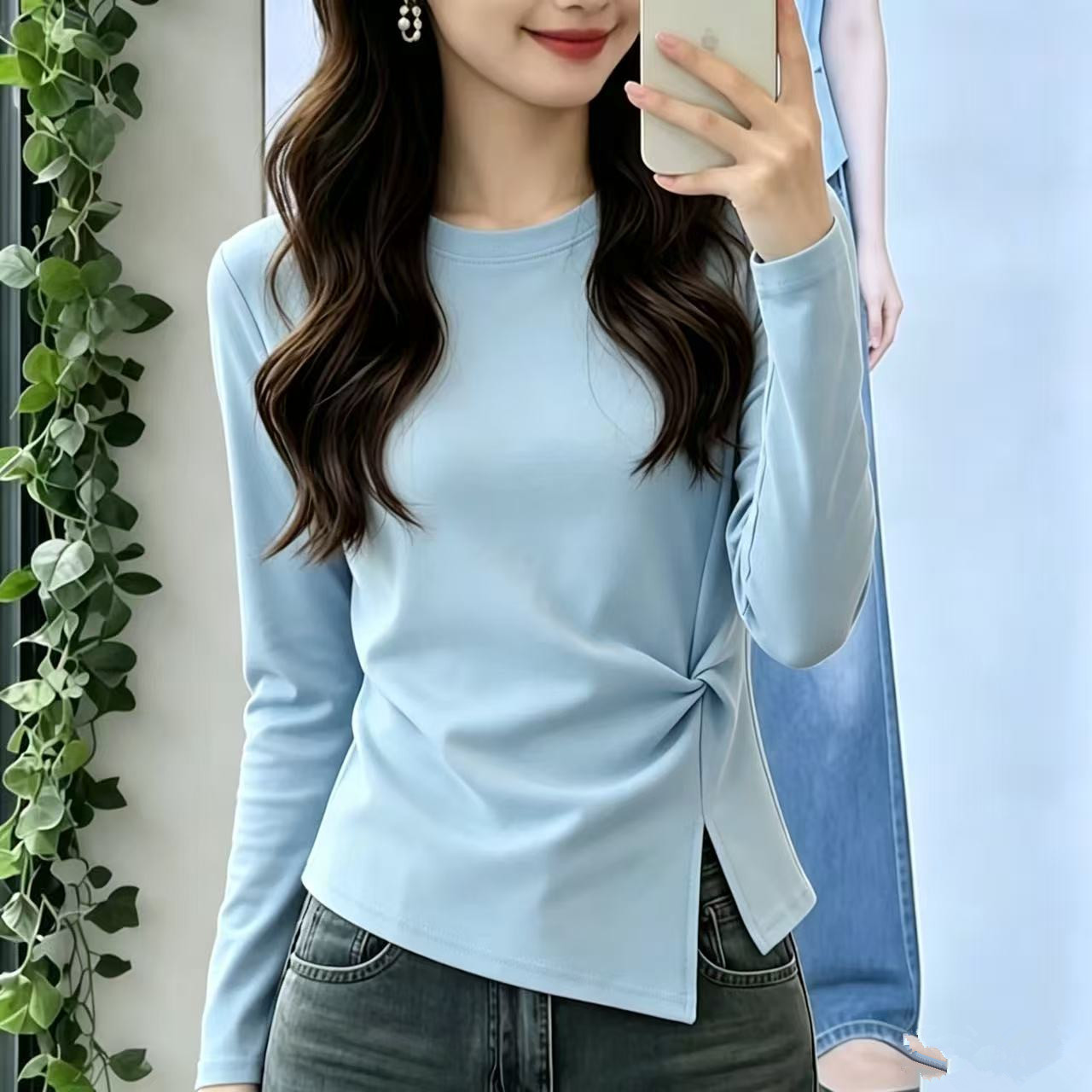 2026 가을 긴팔 티셔츠 여성 신상 디자인감 슬림핏 언발란스 소수 슬림핏 기품 이너 상의