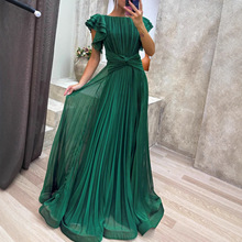 661W欧美外贸新款女装中腰显瘦女装外贸长裙压褶连衣裙大摆礼服裙