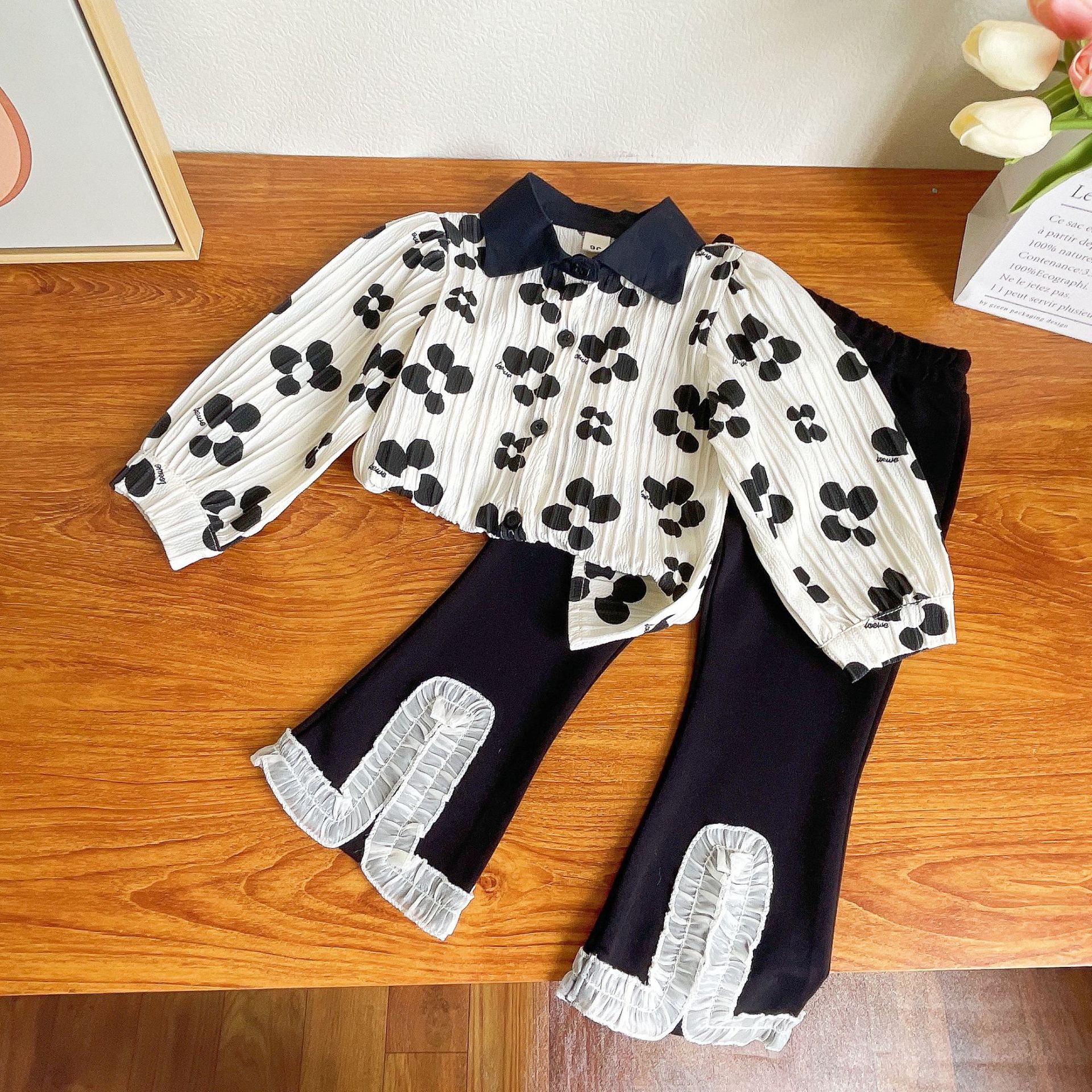 Ancorelala秋季新款女童套装花朵衬衣加可爱蕾丝喇叭裤两件套