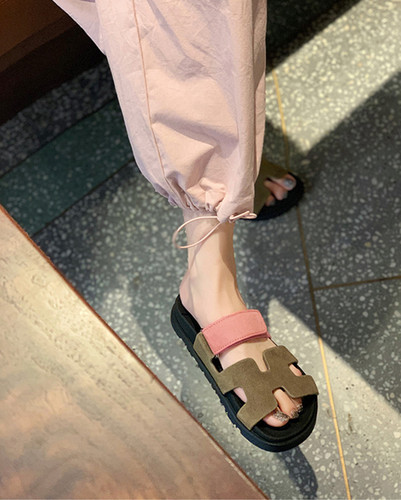 [Same style as Su Yinyin] Super Second Uncle_Genuine leather Velcro casual thick-soled H slippers for women to wear outside summer