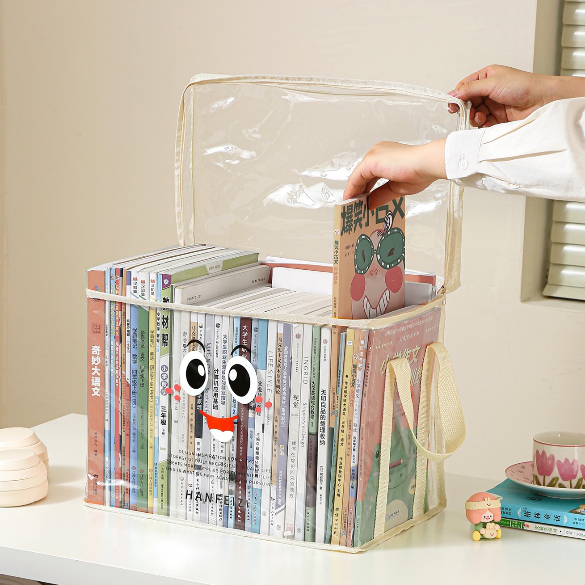 Bolsa de almacenamiento de libros de dibujos animados plegable portátil libros de mano artículos de estudio caja de clasificación caja de almacenamiento a prueba de agua transparente a prueba de polvo