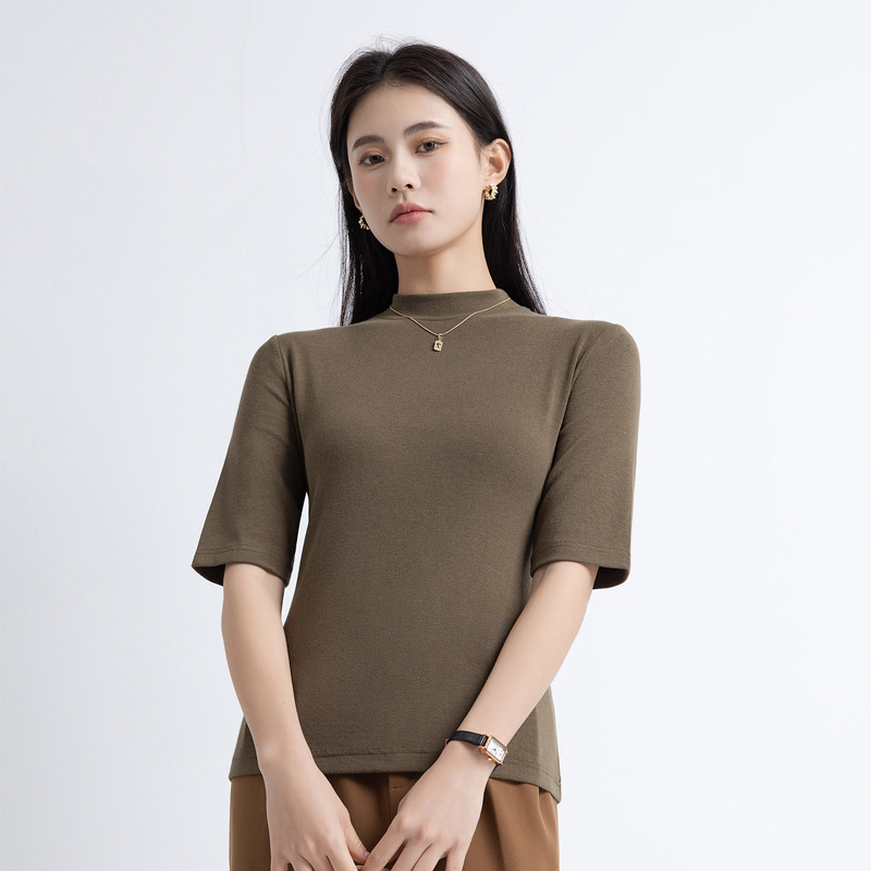 스레드 코튼 고탄성 하프 터틀넥 반소매 올리브 그린