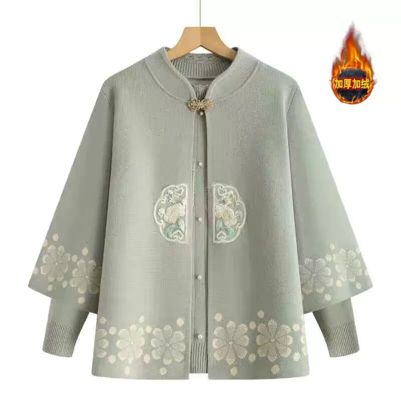 冬季加绒妈妈毛衣新中式女士针织衫中老年加厚上衣婆婆衣服套装