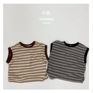 Korean Style Children's Striped Vest Summer Soft Waxy Sleeveless Shoulder T-shirt Vest for Boys and Girls Round Neck Outer Wear Mori Style Trendy