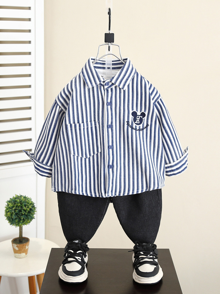 5841 Camisa a rayas de estilo occidental para niños 2024 nueva ropa de otoño para niños chaqueta de moda para niños primavera y otoño casual manga larga