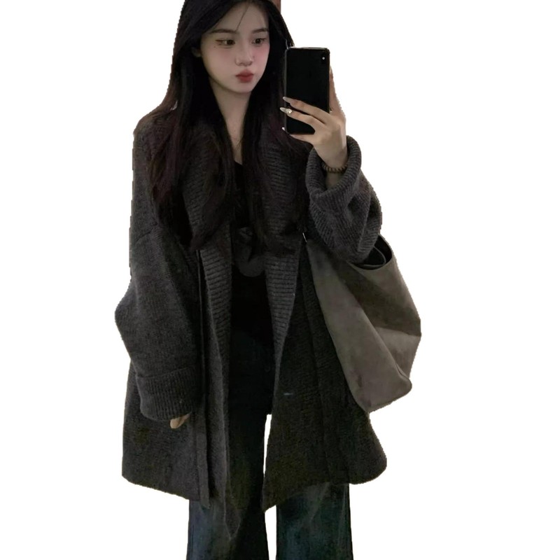 慵懒风灰色翻领连帽毛衣外套女秋冬季加厚宽松中长款针织开衫上衣|undefined