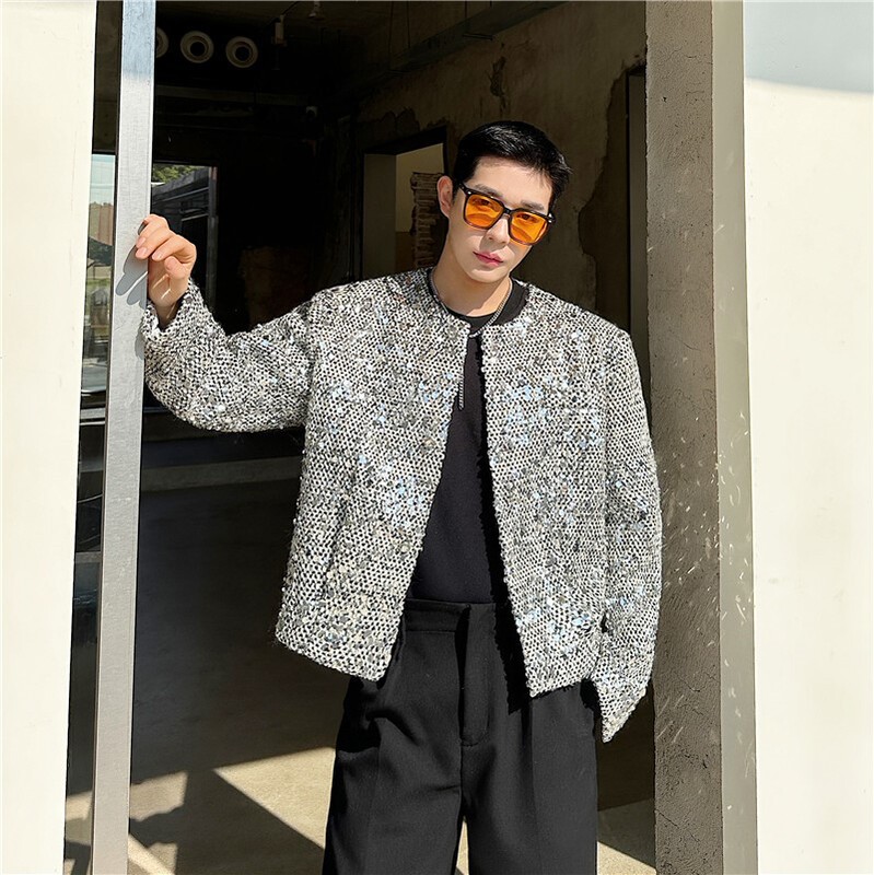 French retro trendy sequined round neck short glossy small suit men's collarless flash sequined suit jacket