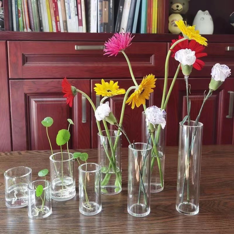 Nordic Glass Vase Transparent Straight Hydroponic Plant Flowers Cylindrical Living Room Flower Arrangement Vessel Decorative Ornaments Wholesale
