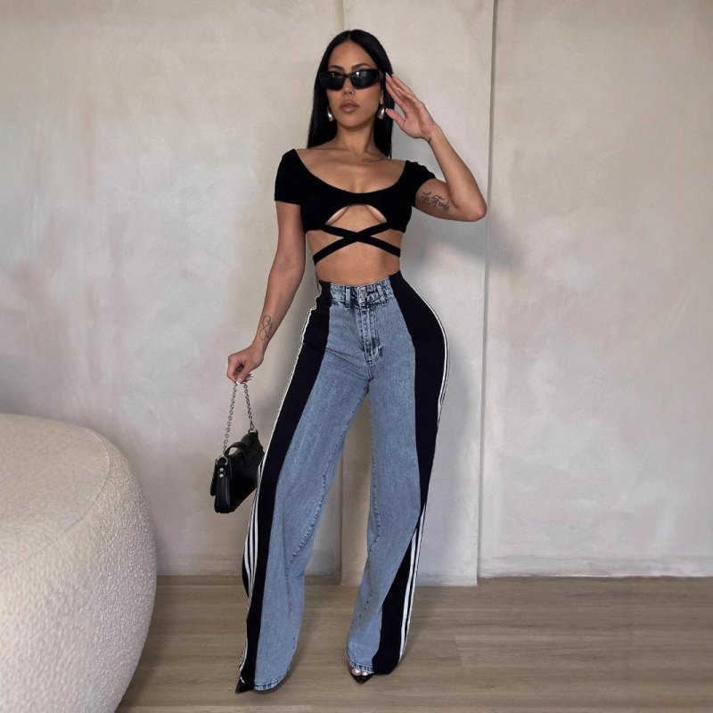 2025 European and American Spring and Summer Fashion Splicing Wide-Leg Denim Pants Women's New Casual High-Waist Elastic Straight Pants