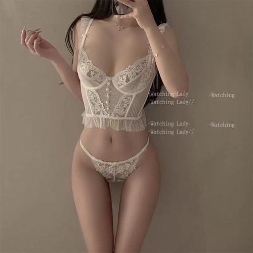 Sexy French lace bunny ears cup with steel ring vest style fishbone body shaping extended bra sexy lingerie set