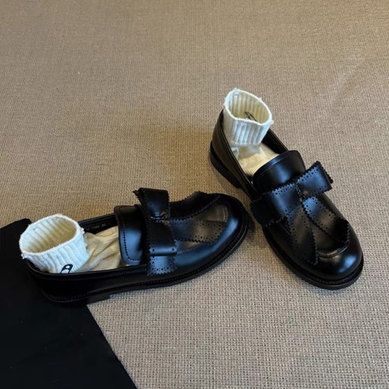 Genuine Leather British Tie Bow Carved Brock Small Leather Shoes Men's and Women's Car Line Thick Heeled Loafers Single-layer Shoes
