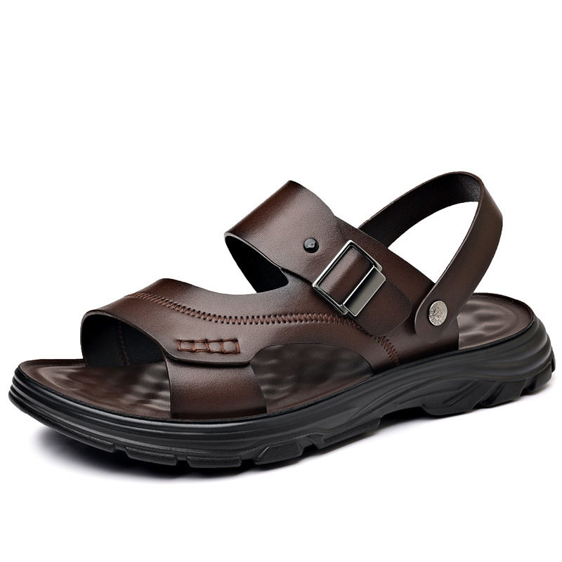 Dép sandal nam quai ngang đế bằng mềm nhẹ thoáng khí kiểu hai cách mang — Màu nâu, màu đen