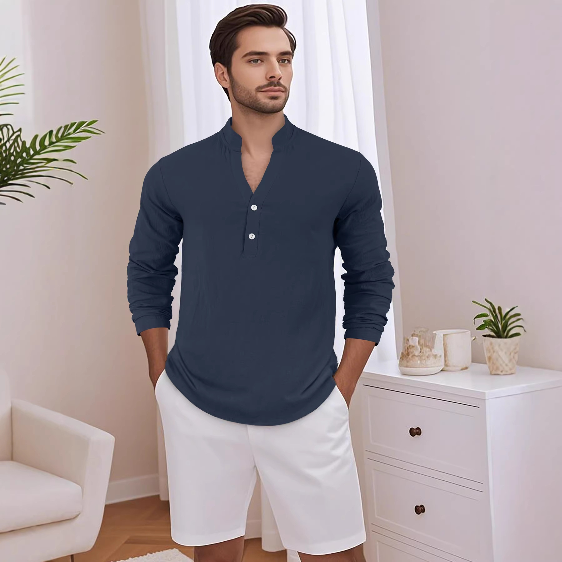 Estación independiente transfronteriza lino americano primavera venta caliente hombre relajado ocio transpirable V-cuello Henry camiseta de manga larga camiseta hombre