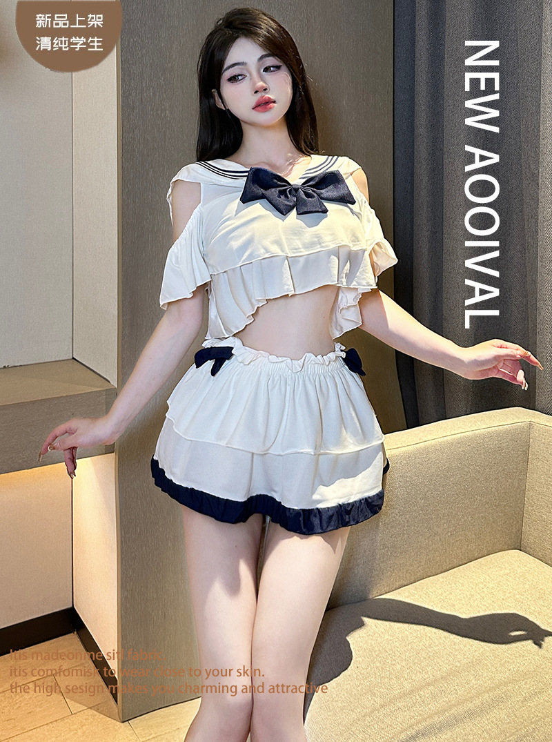 Sexy Cos Sexy Student Uniform Costume Set with Top, Skirt, Thong and Bow Stockings — detail image 2