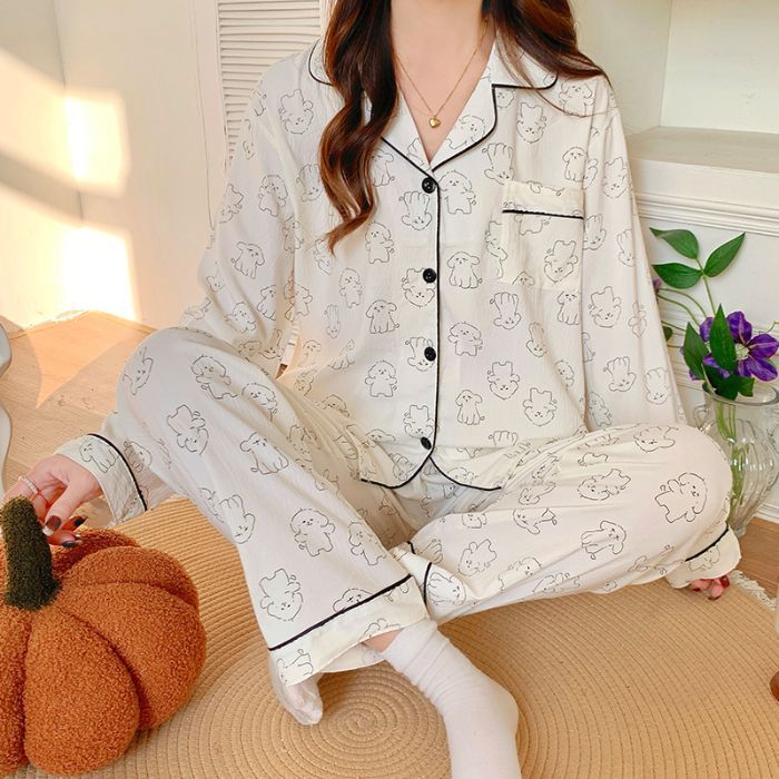 Cardigan de otoño al por mayor transfronterizo pantalones de manga larga Cardigan collar nubes pijamas de algodón mujer dulce dibujos animados set de ropa para el hogar