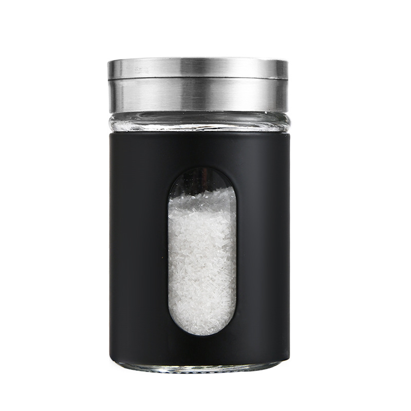 Venta al por mayor botella de condimento giratoria frasco de pimienta de vidrio con agujero palillo de dientes herramienta de barbacoa cocina frasco de condimento de acero inoxidable