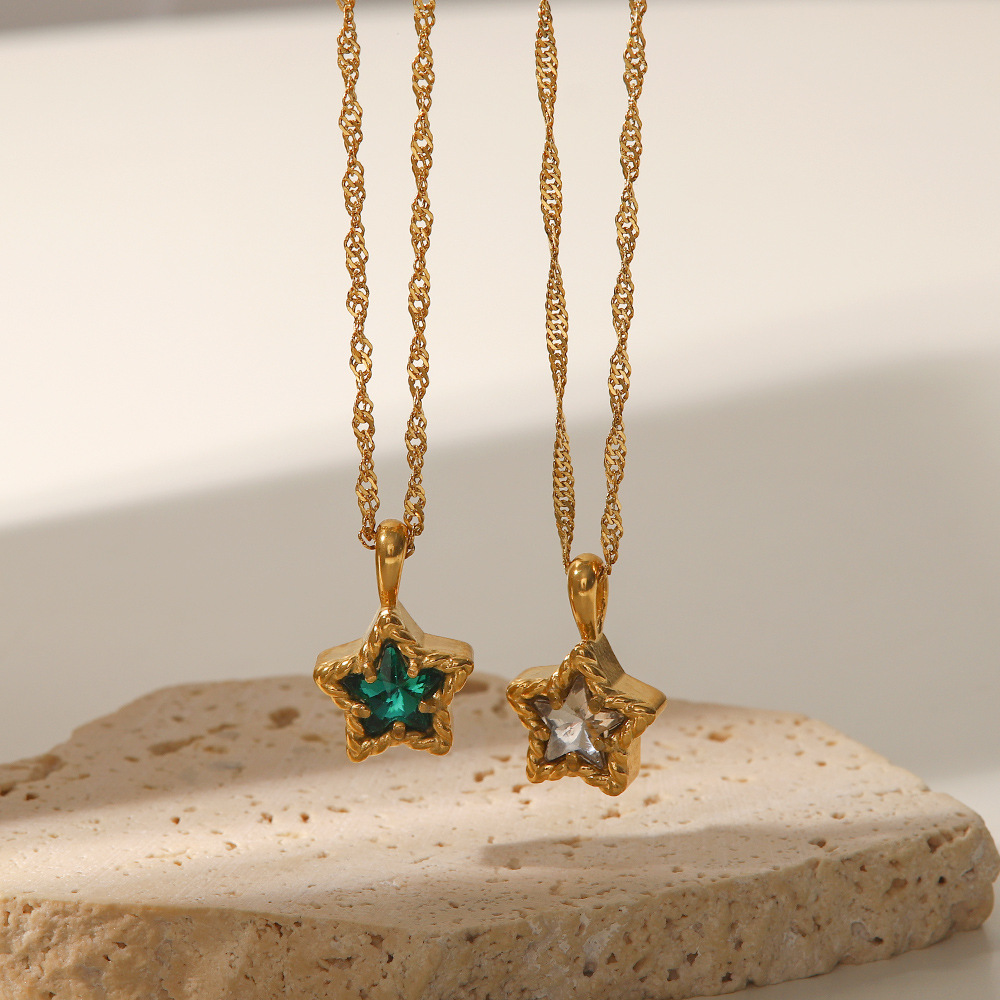 Fashion Pentagram Stainless Steel Titanium Steel Gold Plated Zircon Pendant Necklace