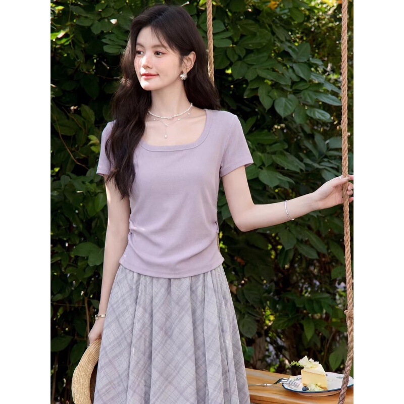 Purple Slim-Fit Pure Cotton Short-Sleeved T-Shirt for Women, New Summer Style, Elegant Square Collar, Beautiful Pleated Right-Shoulder Short Top Purple Slim-Fit Pure Cotton Short-Sleeved T-Shirt for Women, New Summer Style, Elegant Square Collar, Beautiful Pleated Right-Shoulder Short Top