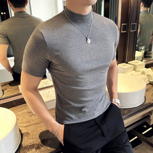 半高领弹力男t恤修身短袖纯棉修身中领打底衫男士白色韩版半袖T恤
