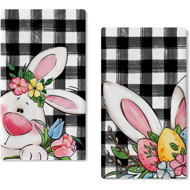 Kitchen dish towel black and white buffalo plaid happy Easter farmhouse holiday decoration home decoration towel