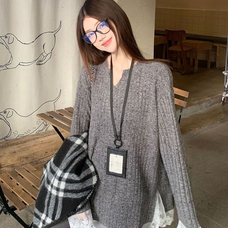 大码设计感蕾丝拼接vV领针织衫女秋冬季宽松显瘦磨毛加厚保暖毛衣|undefined