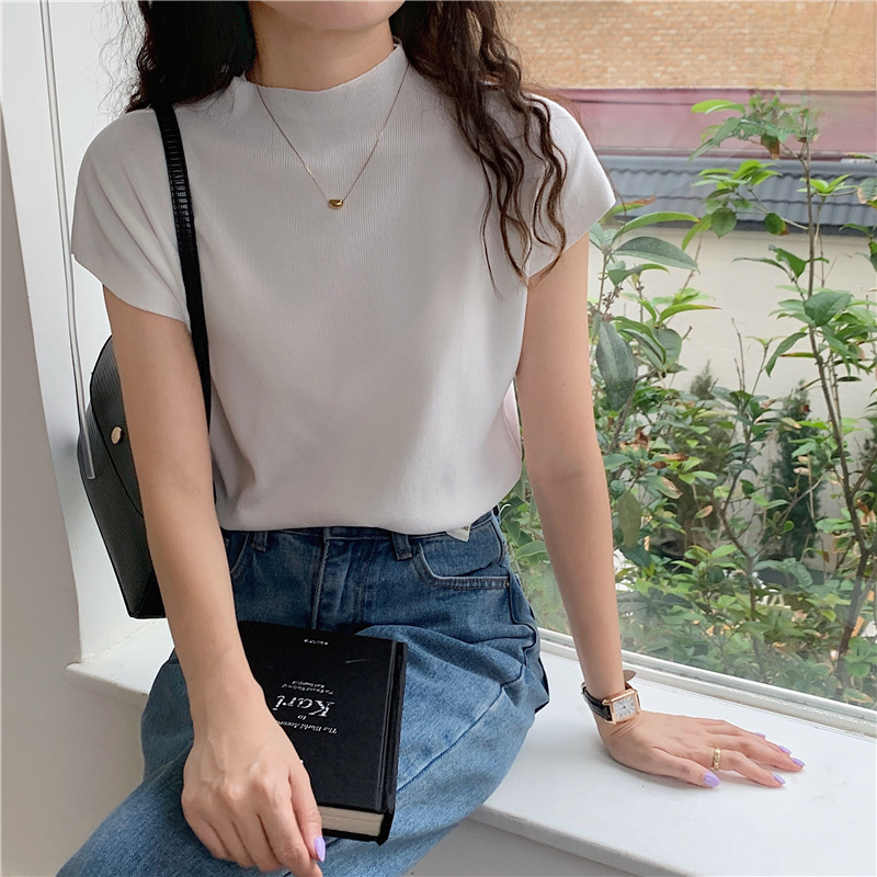 Knitwear Women's Ice Silk Short-sleeved Top Women's Half-high Collar Slimming Women's T-shirt Base Outer Wear Short Solid Color Pullover