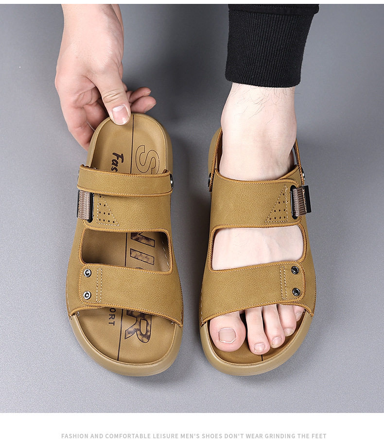 Dép sandal nam quai ngang đế mềm đi được hai kiểu, thoáng khí chống trượt — 5555 màu kaki, 5555 màu vàng chi tiết 9