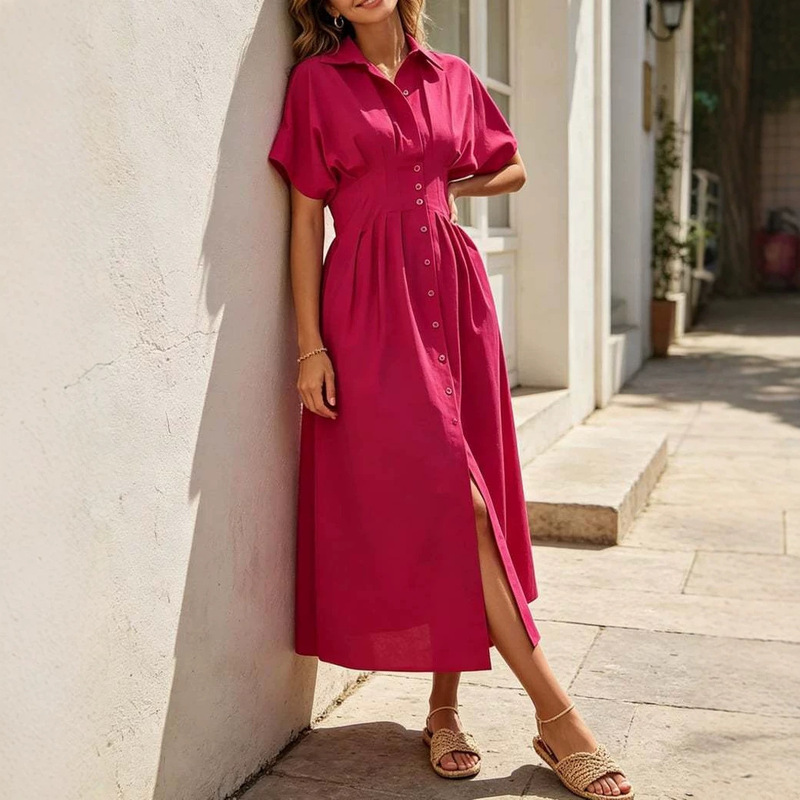 Women's Summer Casual Short-Sleeve Button-Up Loose Pleated Blazer Dress with Pockets