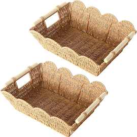 跨境仿藤手工编织收纳筐木手柄扇形边缘托盘桌面装饰手工编收纳筐