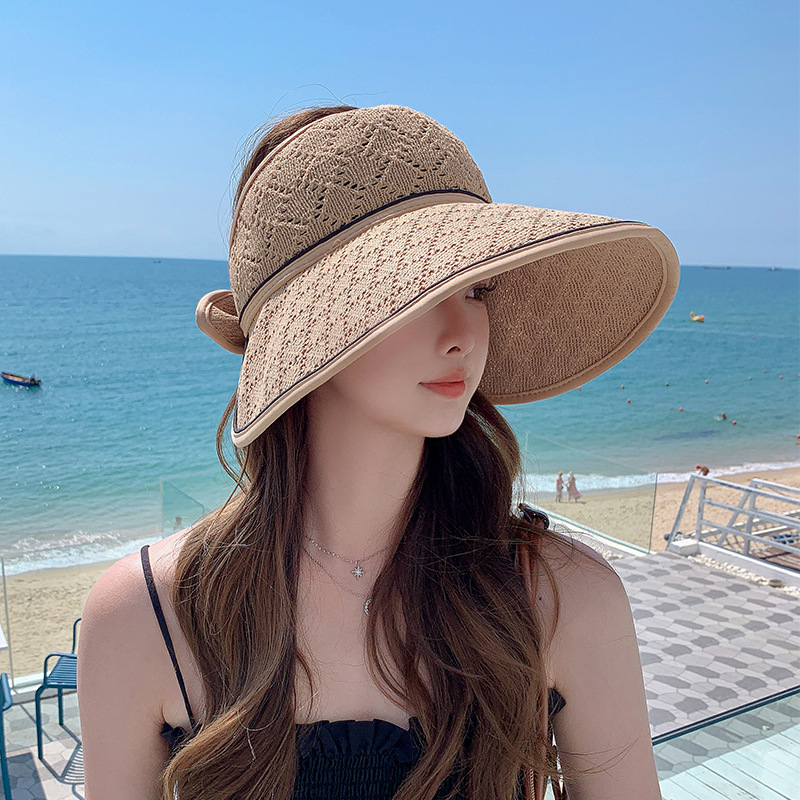 2024 Summer New Women's Knitted Breathable Bow Open Top Hat Outdoor Tourism Sunshade and Sunscreen Fashion Versatile Big Edge Sun Hat_voghion.com