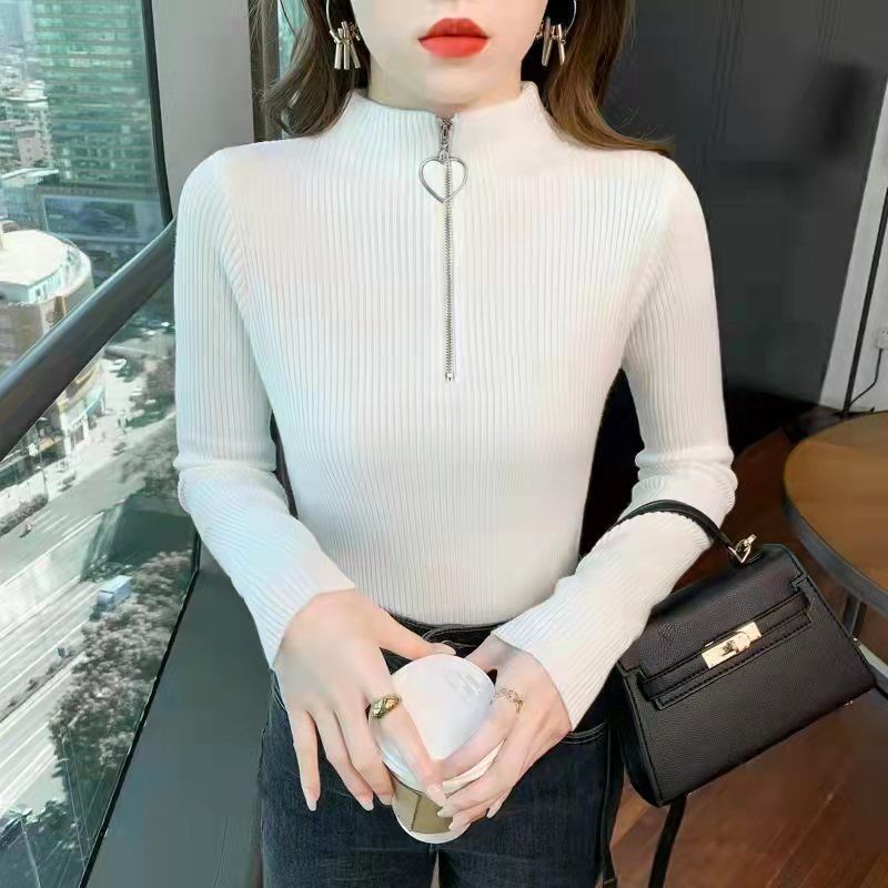 韓国風ジッパーデザインボトリングシャツ女性用春と秋の薄いスリムフィットハーフタートルネック長袖トップシャツ|undefined