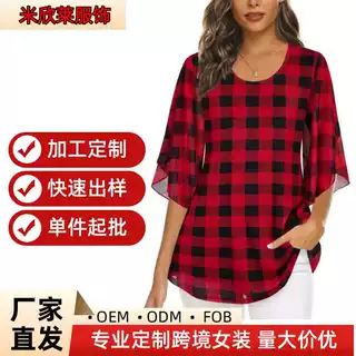 2026欧美圣诞女装红黑格纹T恤上衣圆领荷叶边飞飞袖宽松休闲衬衣