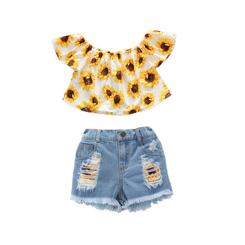 Girls'  New Summer Outfit: One-Shoulder Print Blouse and Denim Frayed Shorts Set for Summer Girls, Short-Sleeve Three-Piece Set