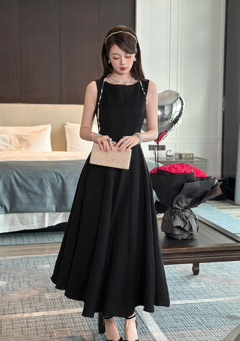 Váy maxi nữ thắt eo phong cách Pháp tay không dáng suông dài — Màu đen chi tiết 1