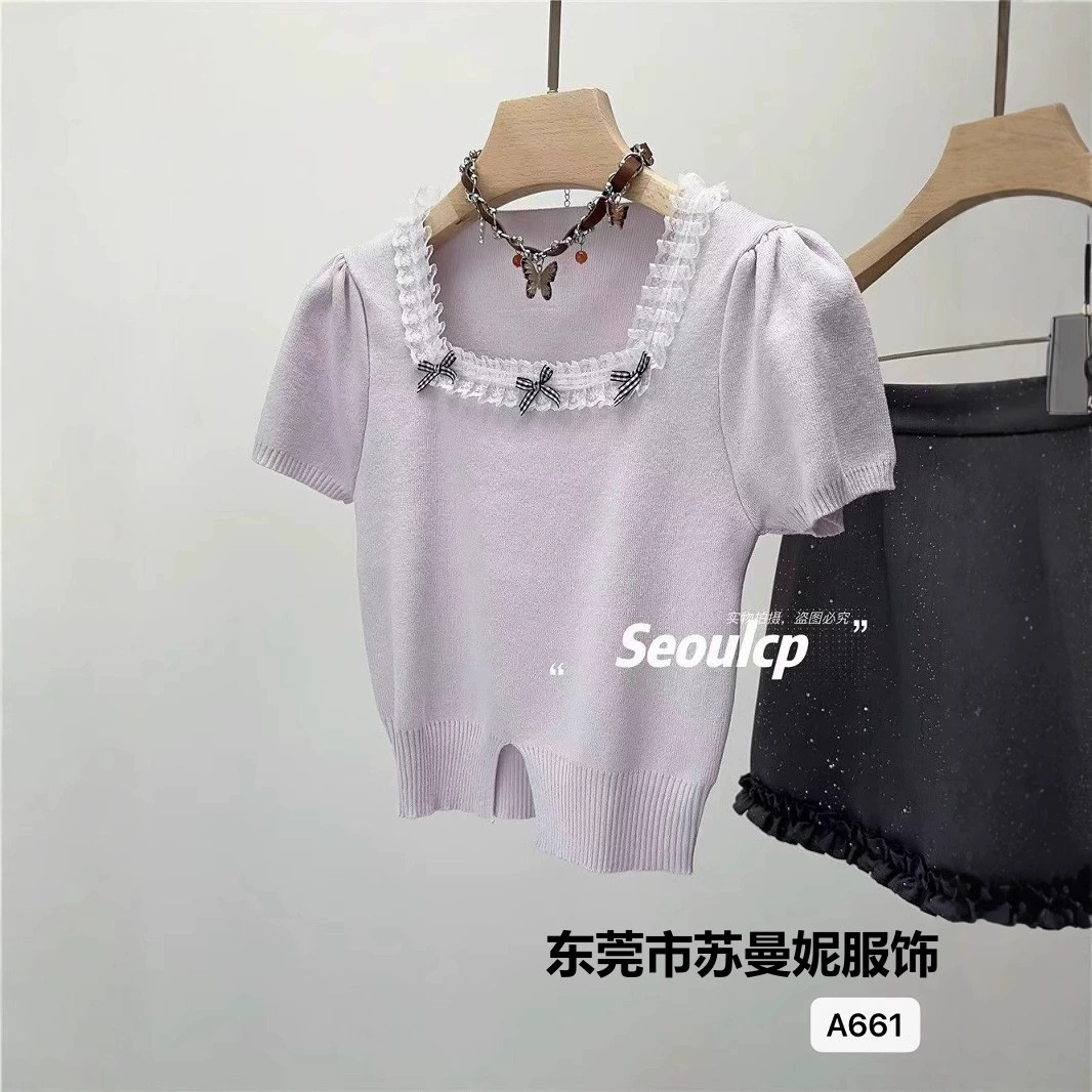 Модная вязаная летняя футболка с short sleeves, милые короткие бретели