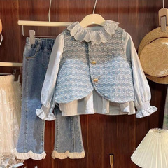 女童春秋裝套裝2024韓系女寶寶小香馬甲牛仔褲女孩洋氣三件套