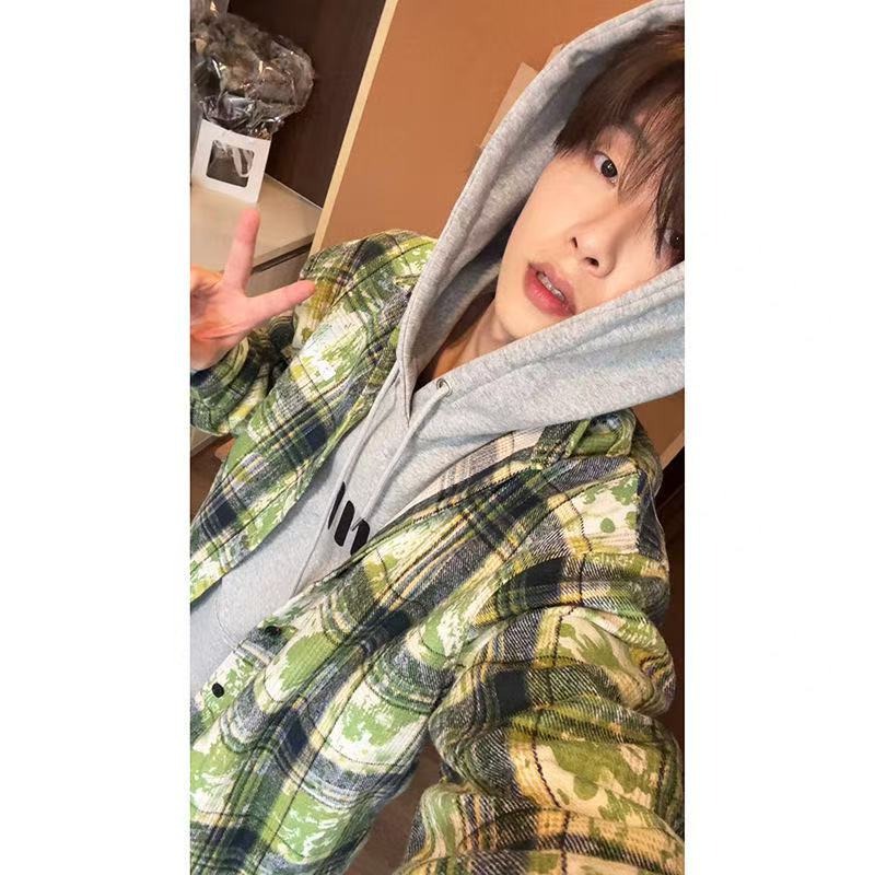 vintage Green Tie-Dye Plaid Shirt Men's American Style Retro Couple's Long Sleeve Shirt Jacket Stacked Top