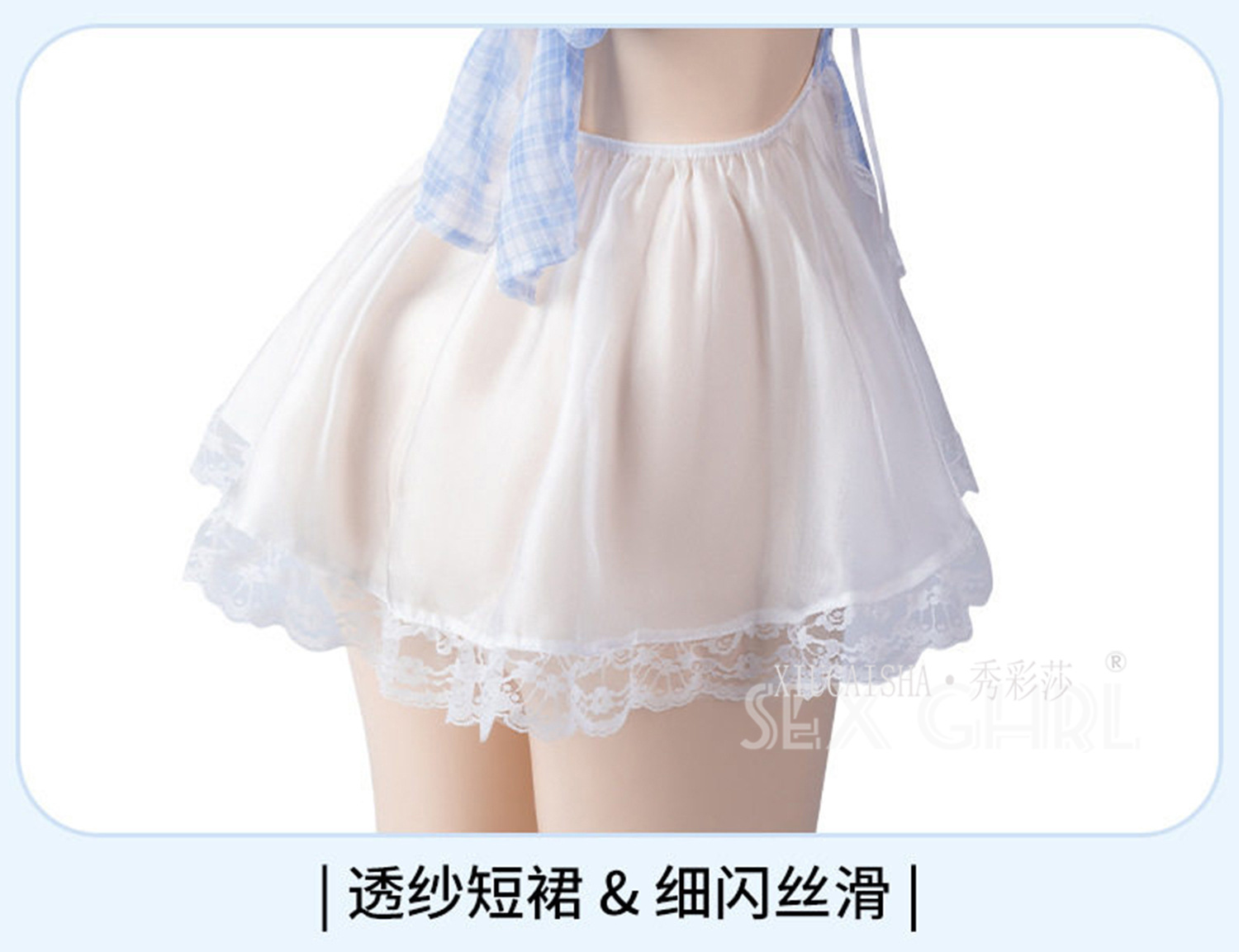 Blue Plaid Lace Maid Outfit Set with White Bow Stockings, One Size — detail image 17