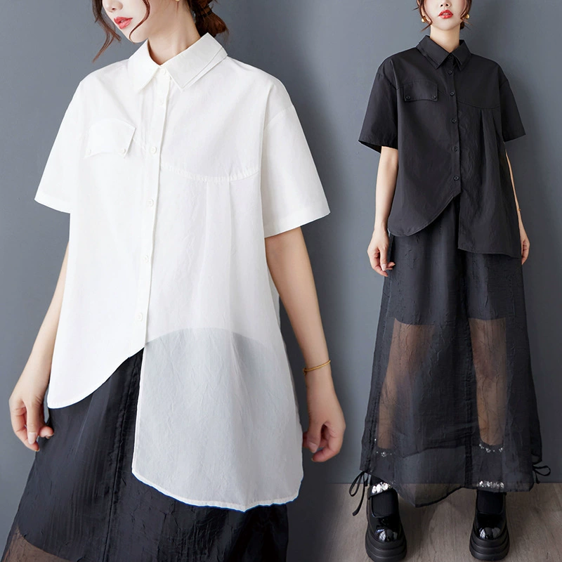 Реальный снимок японского дизайна с двойным воротником Yamamoto и асимметричной цветовой гаммой, однотонная рубашка спереди и сзади.