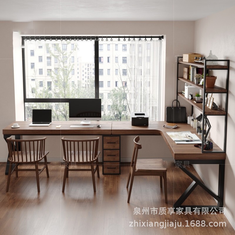 Solid Wood Corner Long Desk and Bookshelf Integrated Household Wall Corner Desk Study L-shaped Double Computer Table Solid Wood Corner Long Desk and Bookshelf Integrated Household Wall Corner Desk Study L-shaped Double Computer Table
