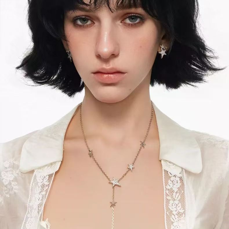Meteor Series Zircon Star Necklace Y-Shaped Clavicle Chain, Slimming and Face-Slimming French Style Versatile Necklace