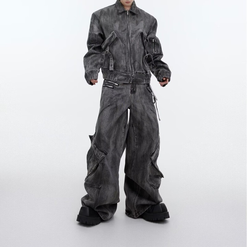 Culture Niche Retro Wasteland-Style Distressed Denim Jacket Set Heavy-Duty Vintage Jacket Flared Jeans
