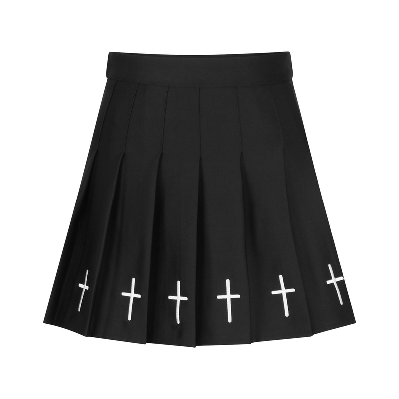 Dark Black Pleated Skirt with Embroidery, High Waist, Slimming, No Bottoming, Skull Skirt, Short Skirt, Large Skirt, Punk Style Dark Black Pleated Skirt with Embroidery, High Waist, Slimming, No Bottoming, Skull Skirt, Short Skirt, Large Skirt, Punk Style