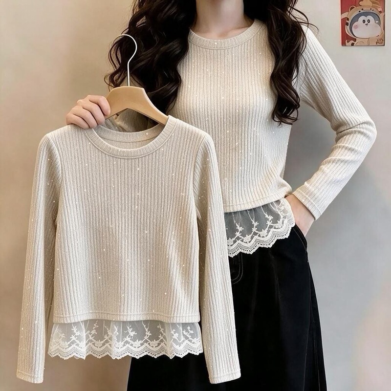 Fashionable sequined lace long-sleeve T-shirt, stylish, slim-fitting, versatile, suitable for outerwear, flattering and elegant top for women