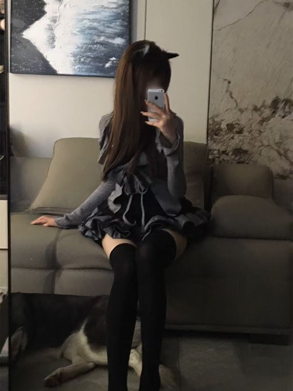 清新学院洛丽塔灰色系带荷叶边开衫蝴蝶结拼接吊带半身裙三件套秋|undefined