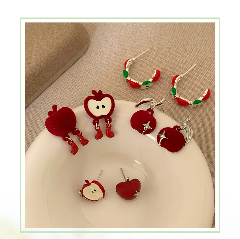 1 Pair Cute Apple Flocking Drop Earrings Ear Studs display picture 1