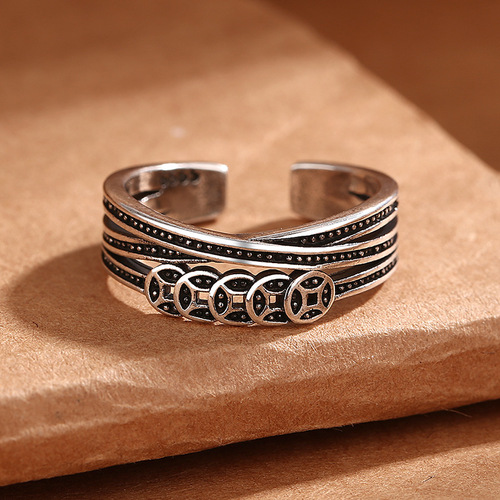 Caroge Retro Thai Silver Chinese Style Coins Copper Money Lucky Ring Women's Double Line Open Ring